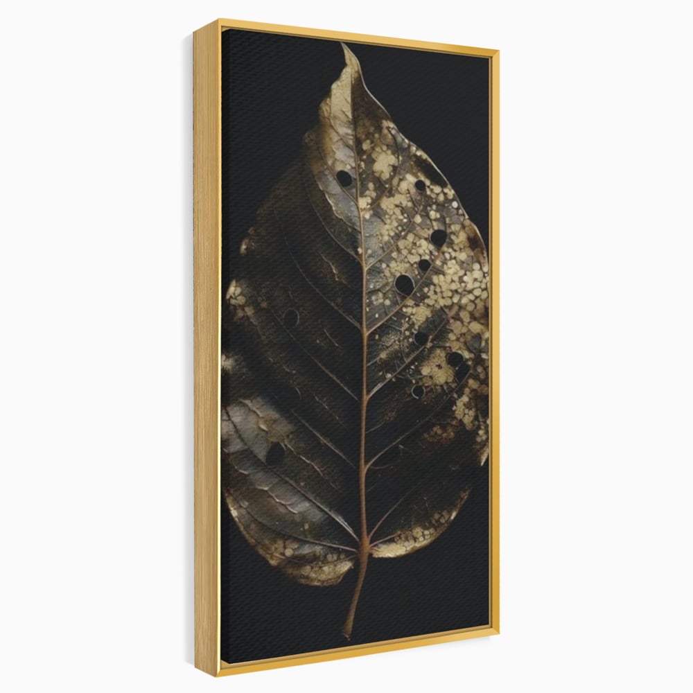 Tablou canvas cu tablou canvas cu frunza uscata, in rama de aluminiu auriu